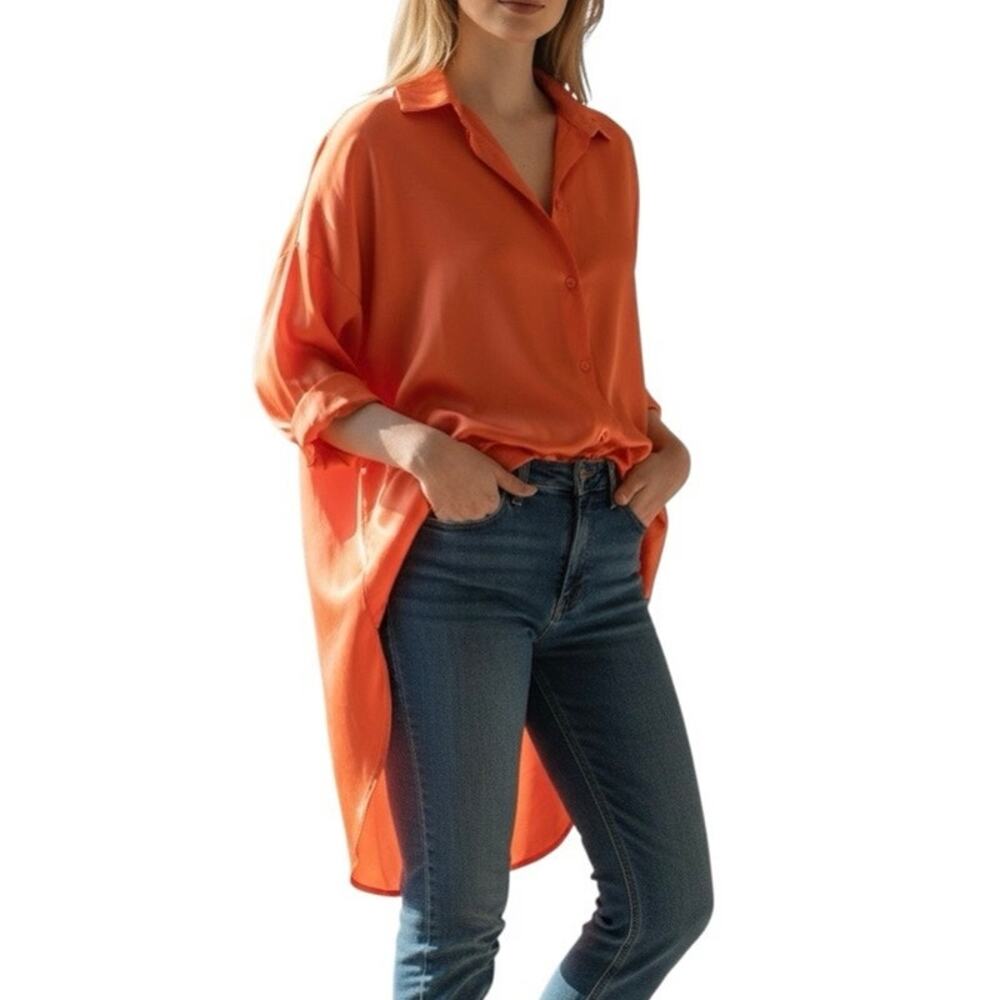 NWT I TOO Orange Polyester Satin Flowy Oversize Button Up Tunic Top Sz Large